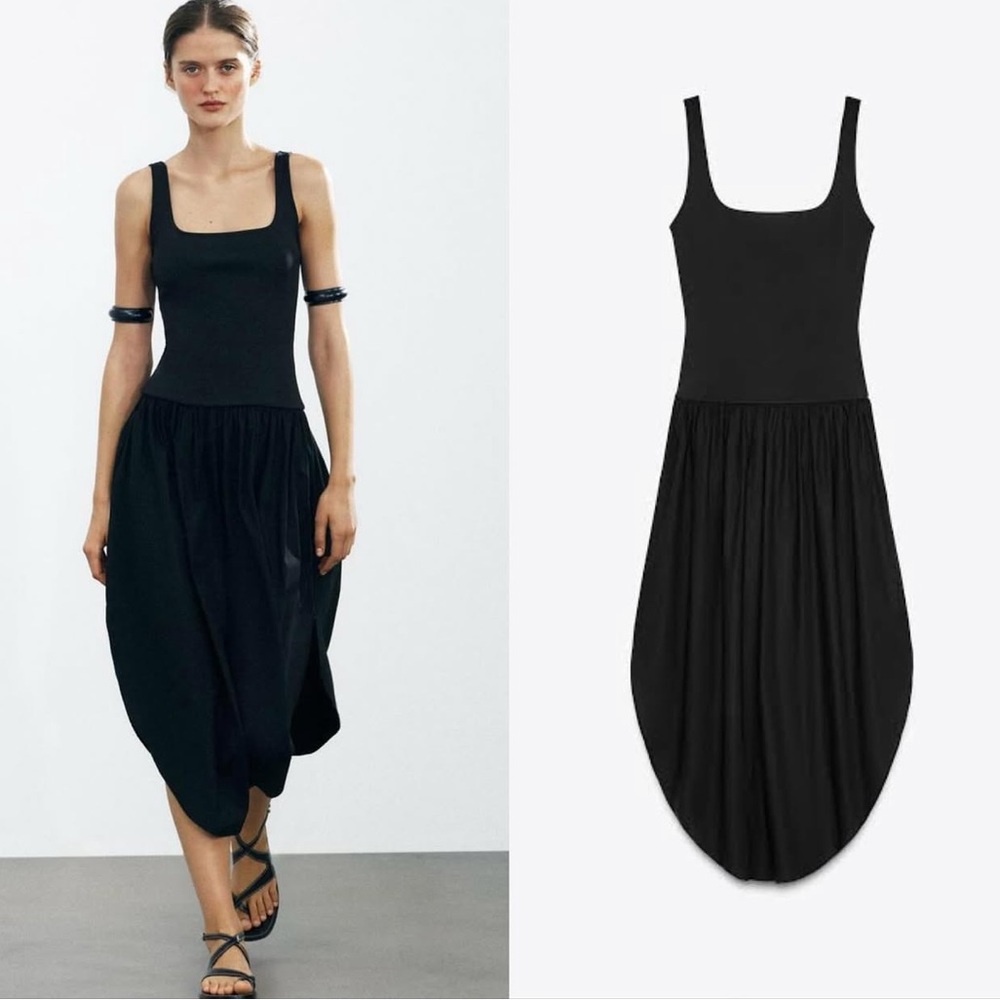 Zara Black Midi Dress w Asymmetrical Hem NWT